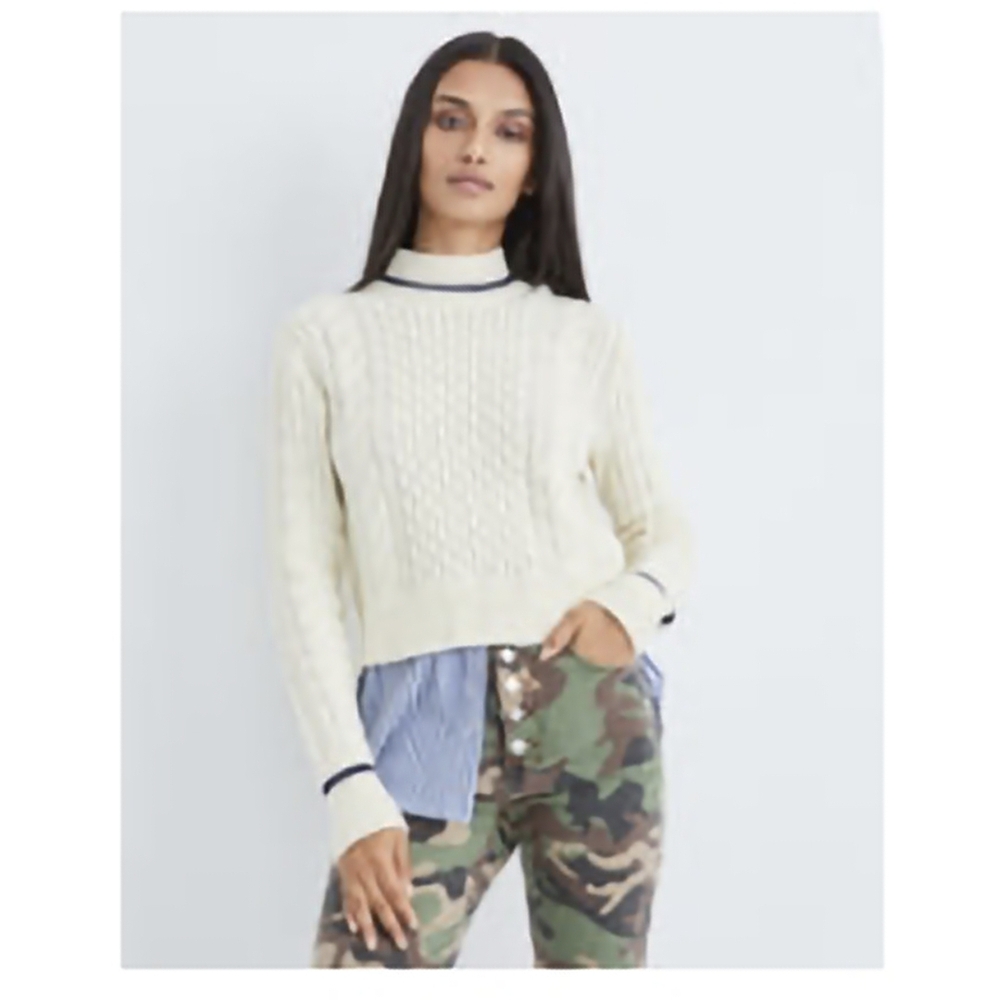 Mixed Media Fritz Sweater - Ivory Cable Knit Sweater with Striped Shirt Attached